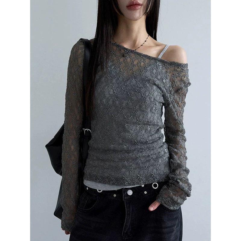 Japanese-style Y2K Bubble-cutout Long-sleeve Top For Women Gray Free Size