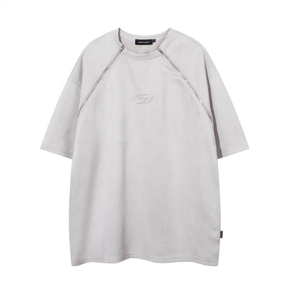 Men's Double Zipper Short-sleeved T-shirt Light Gray