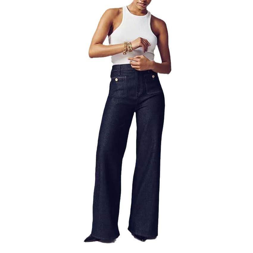 Women's Loose Leisure Washed-out Button Wide-leg Skinny Jeans Dark Blue Lengthened MuddyStock