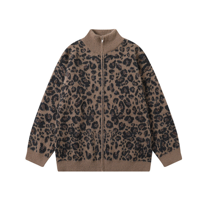 Leopard print stand up collar cardigan men's and women's knitted jacket Coffee Brown