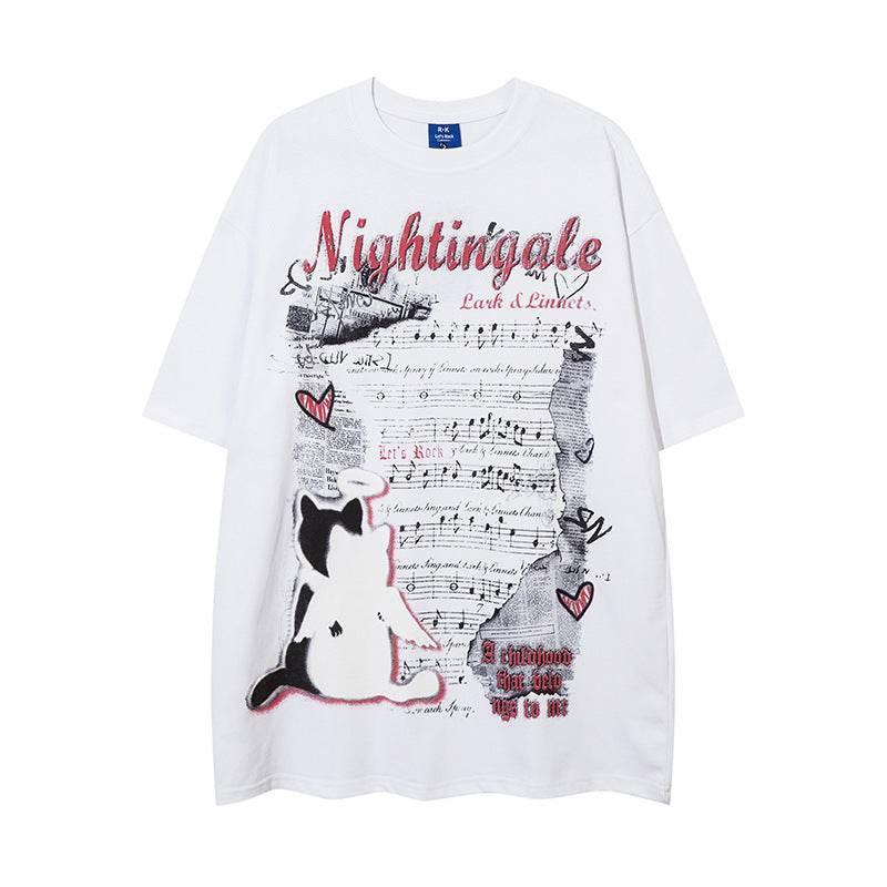 Music Score Letter Print Short-sleeve Women White