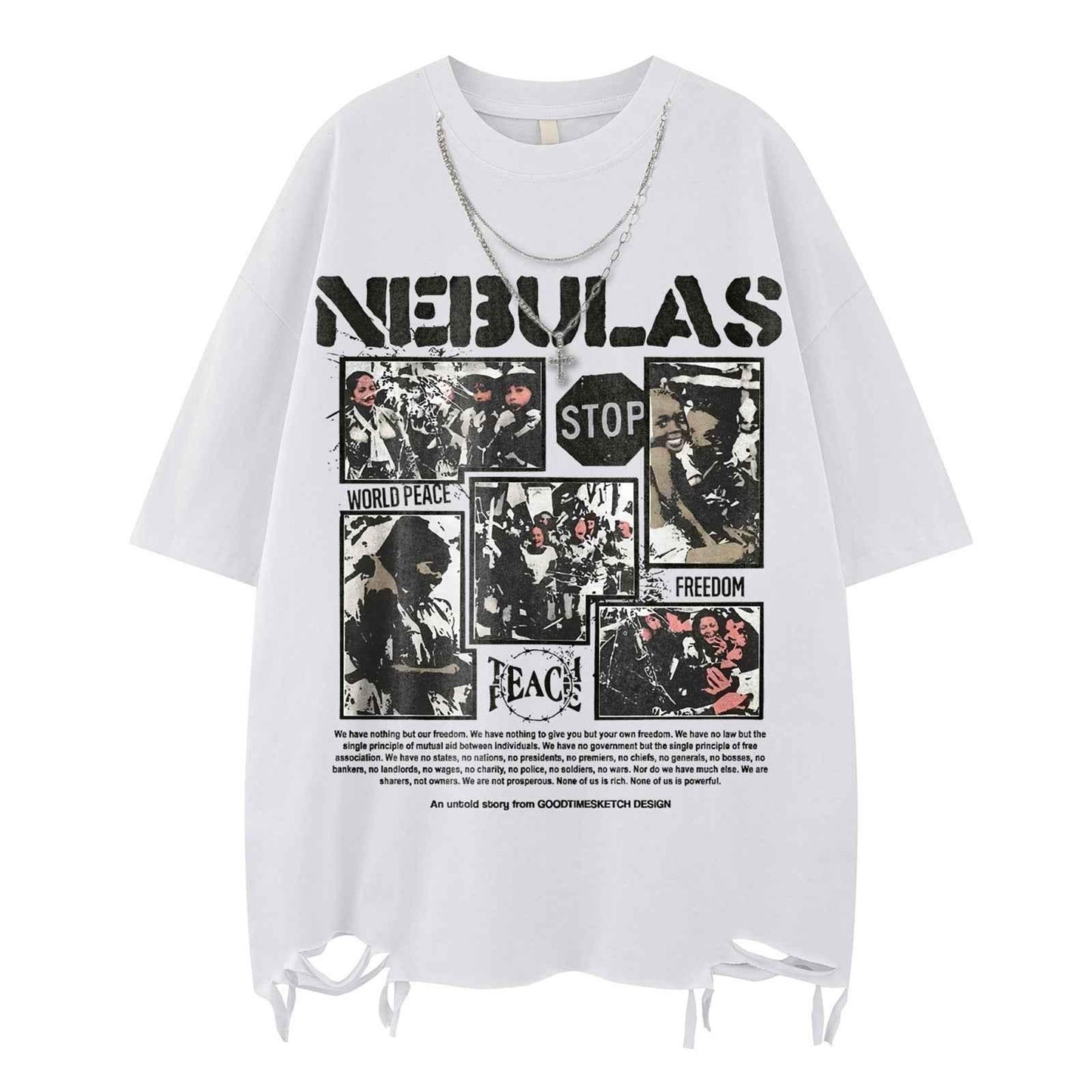 High Street Hem Distressed Necklace Decorated Design Short Sleeve T-Shirt For Men And Women | MuddyStock Originals White