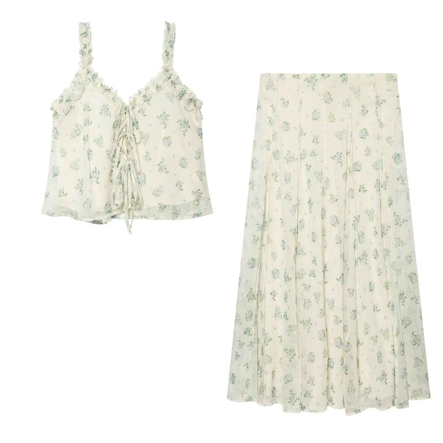 French floral V-neck top+A-line large swing skirt set | MuddyStock Originals