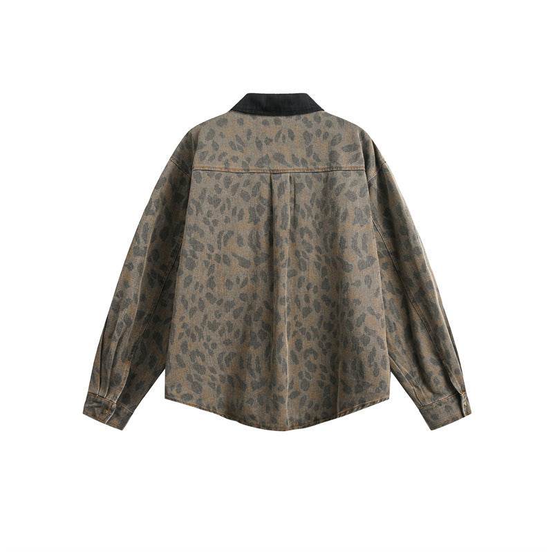 Loose vintage leopard print long sleeved denim shirt for men and women | MuddyStock Originals MuddyStock