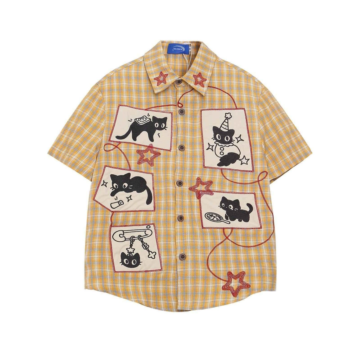 Retro Cute Cat Applique Embroidery Short Sleeve Shirt For Women | MuddyStock Originals Yellow MuddyStock