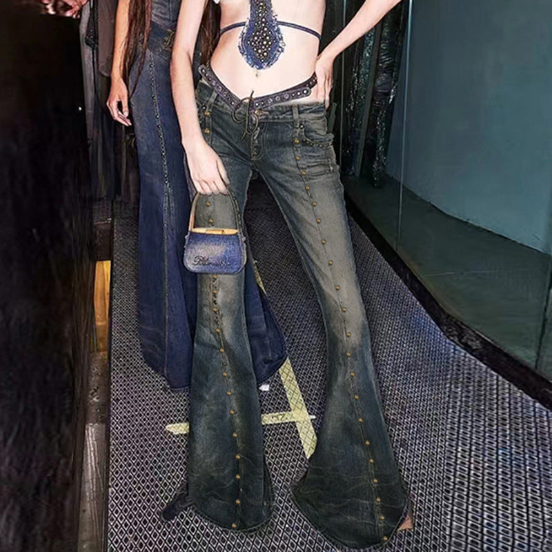 Retro personality rivet micro flared slimming jeans