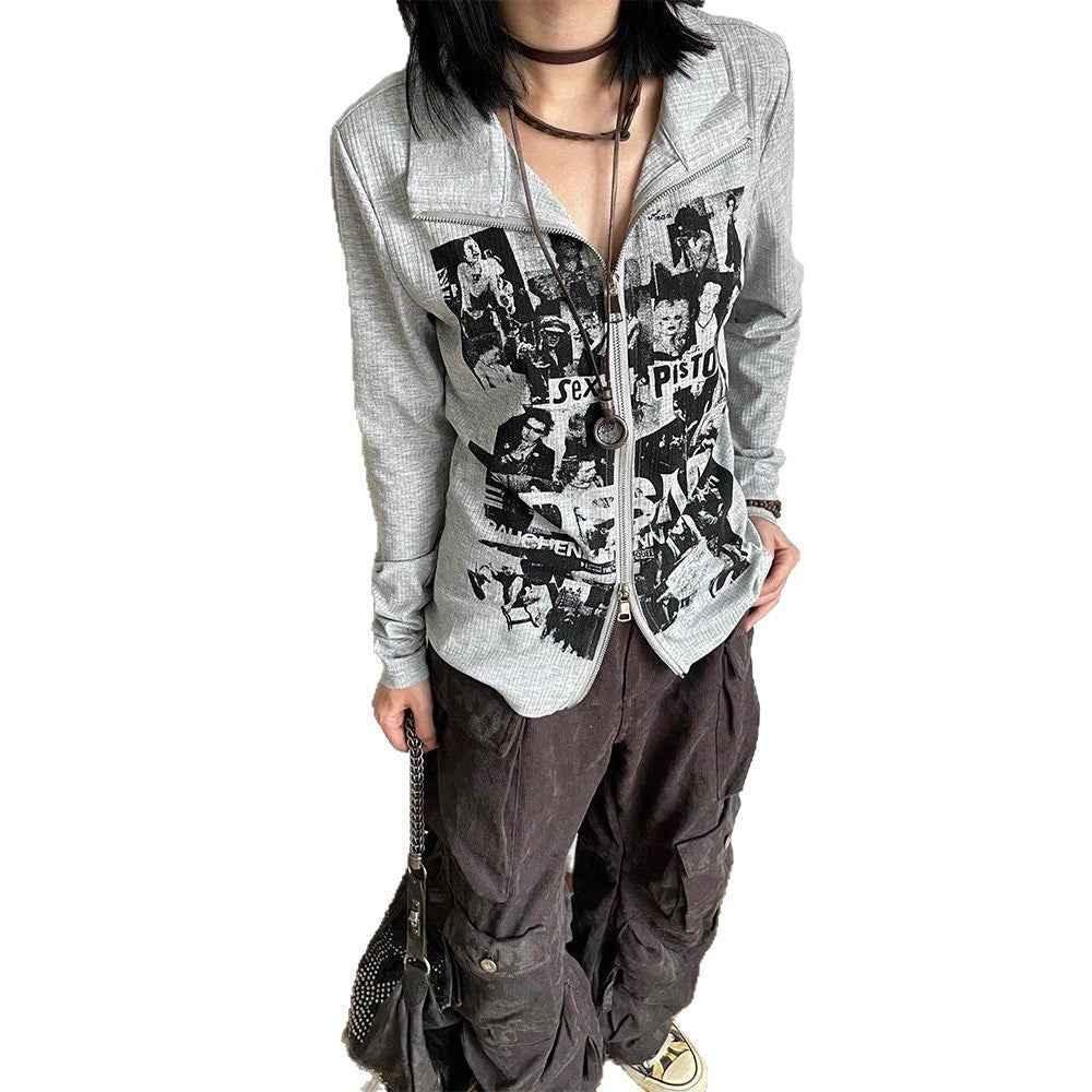 Punk rock print long sleeved zipper top for women | MuddyStock Originals