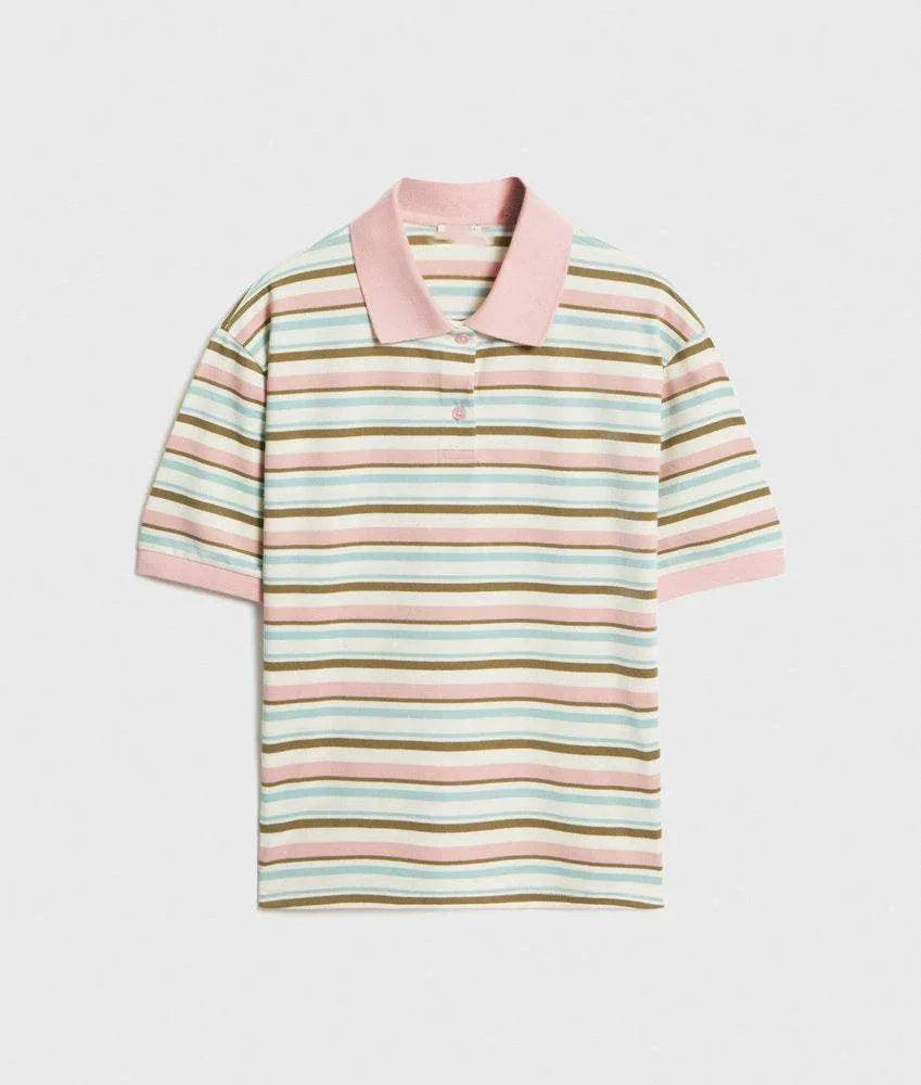 Stripe Polo Loose Fit Short Sleeve T-Shirt for Women | MuddyStock Originals Pink