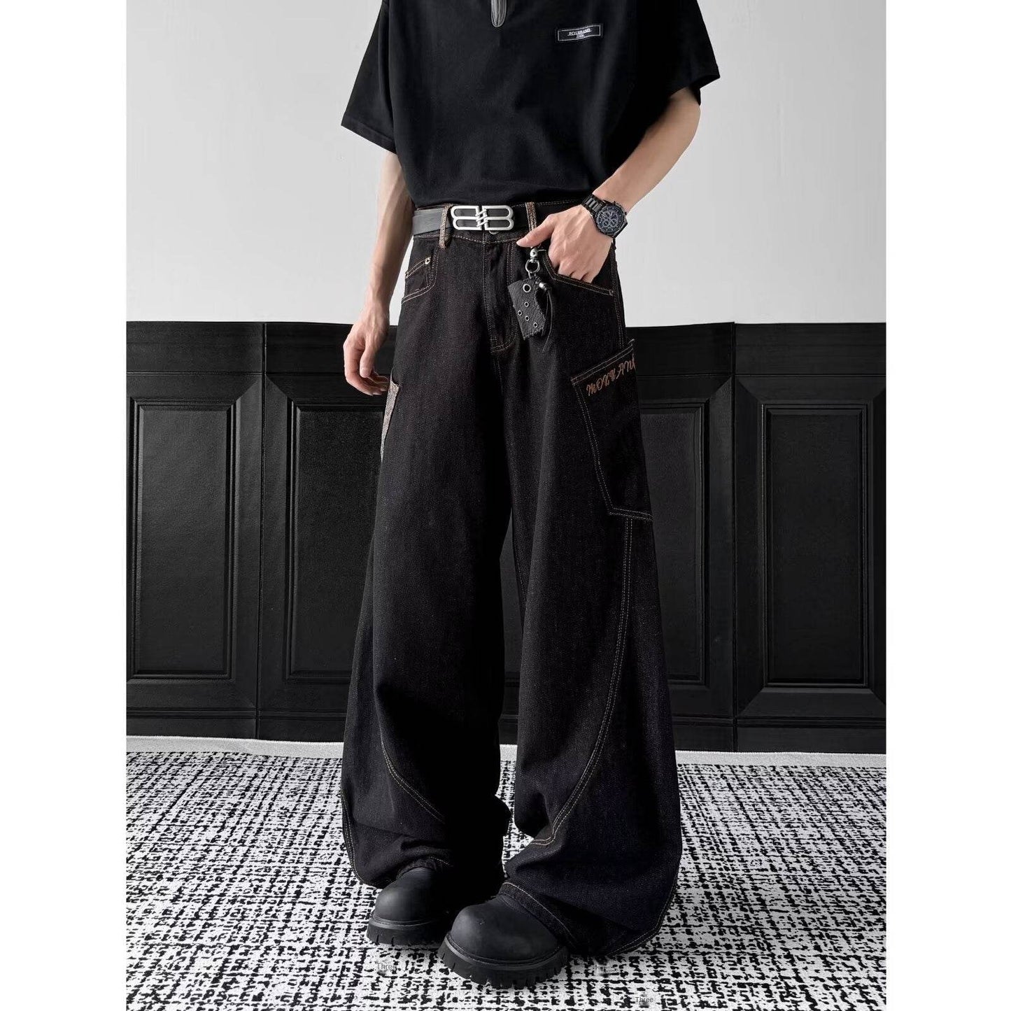 Checkered splicing curved jeans for men | MuddyStock Originals MuddyStock