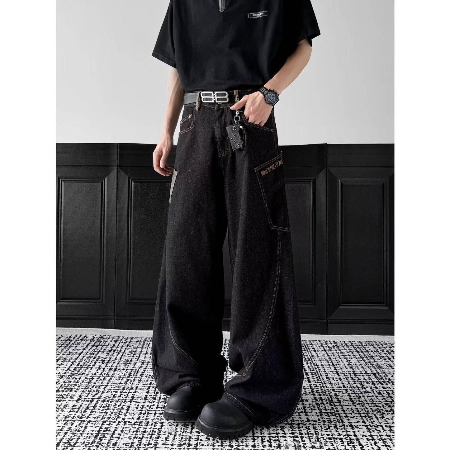 Checkered splicing curved jeans for men | MuddyStock Originals