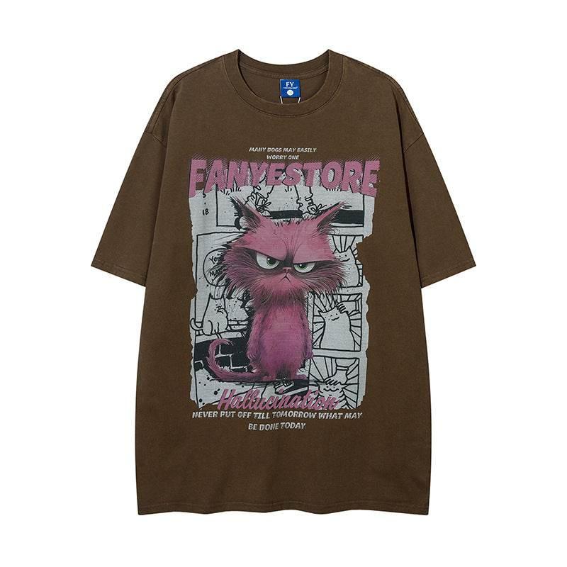 Fashion Cartoon Print Short Sleeve For Men And Women Dark Brown MuddyStock