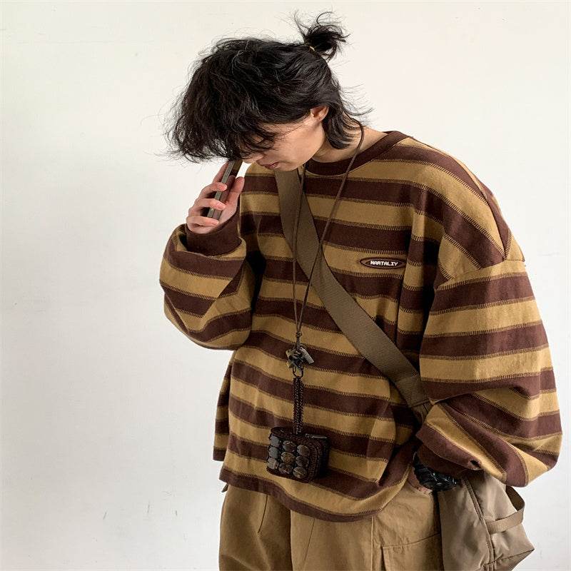 Japanese-style Retro Striped Long Sleeve T-shirt Loose Khaki Couple's Shirts MuddyStock