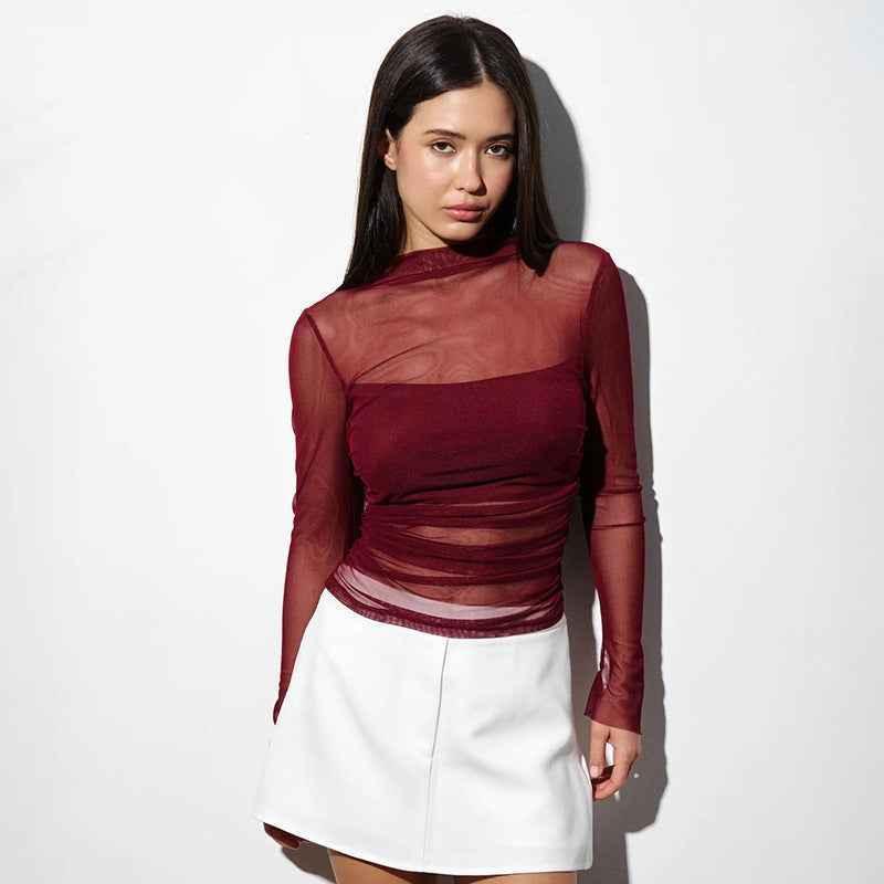 New Round-neck Pullover Sheer Mesh Bustier Spliced Top For Women Red