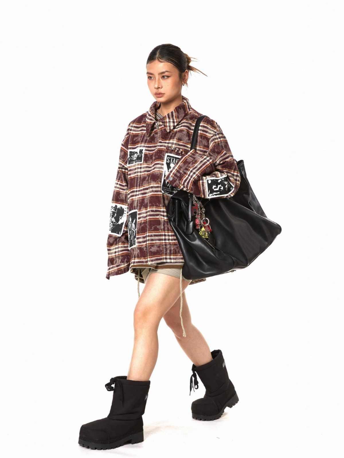 Retro Illustration Plaid Patch Jacket For Women