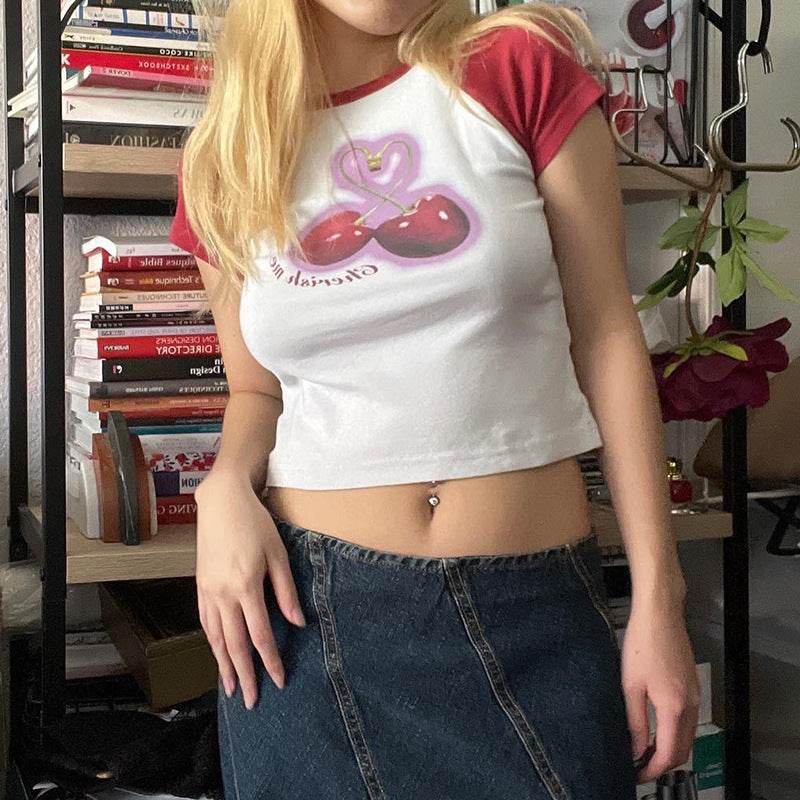 Street Cherry Print Slim-fit T-shirt For Women WHITE MuddyStock