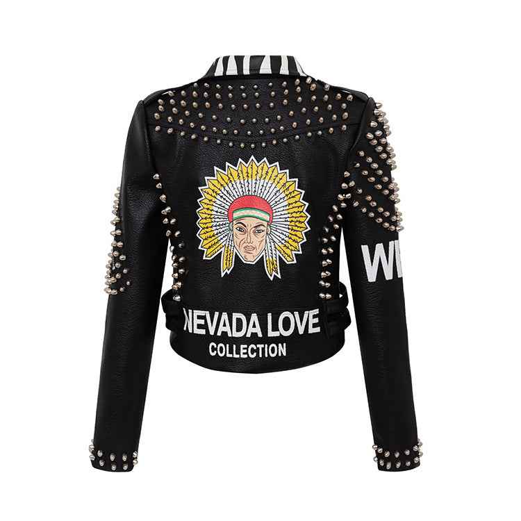 European And American Graffiti Slim Leather Jacket For Women