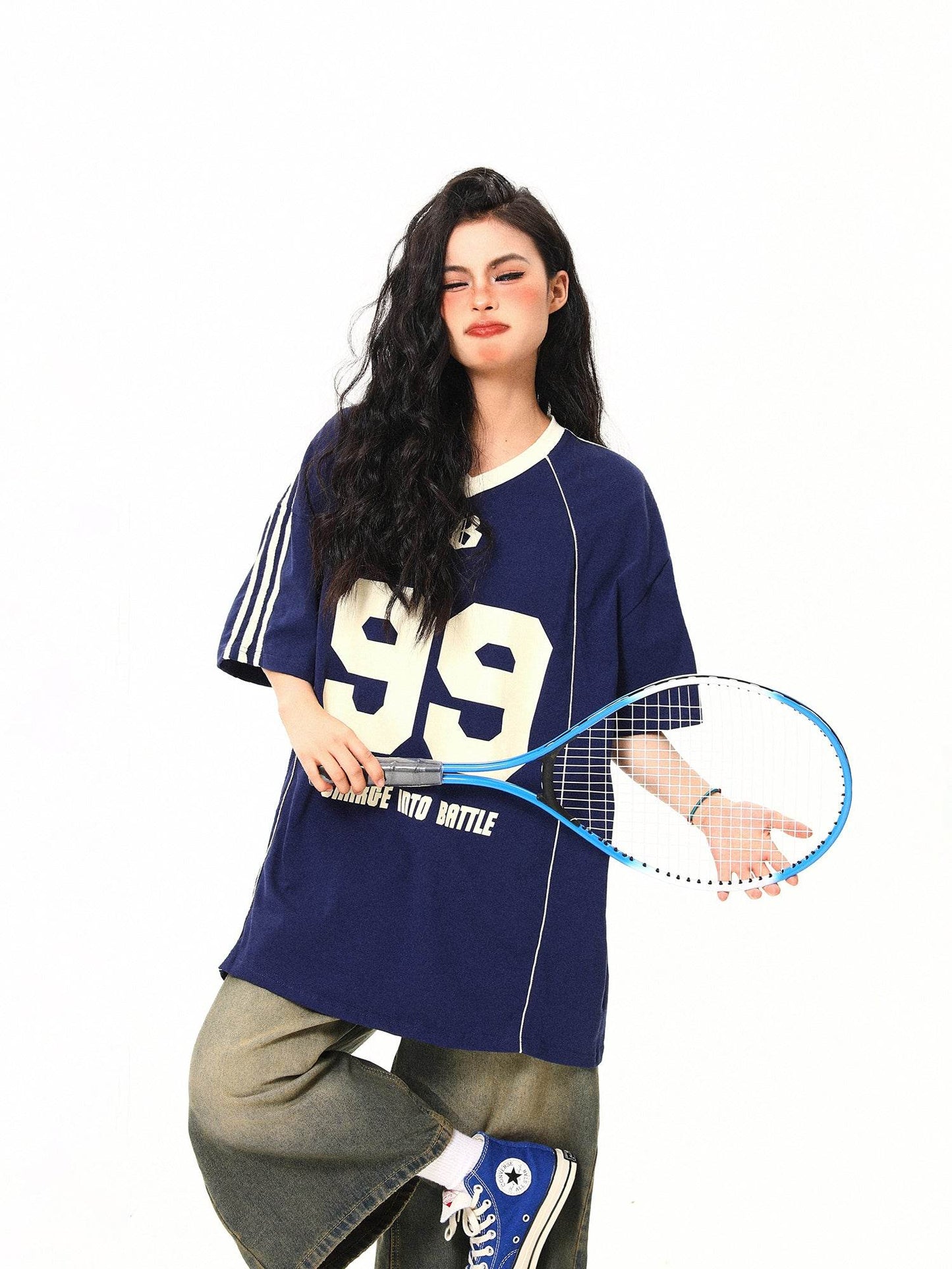 Retro V-neck Jersey Sports Style Short Sleeve T-shirt For Women MuddyStock