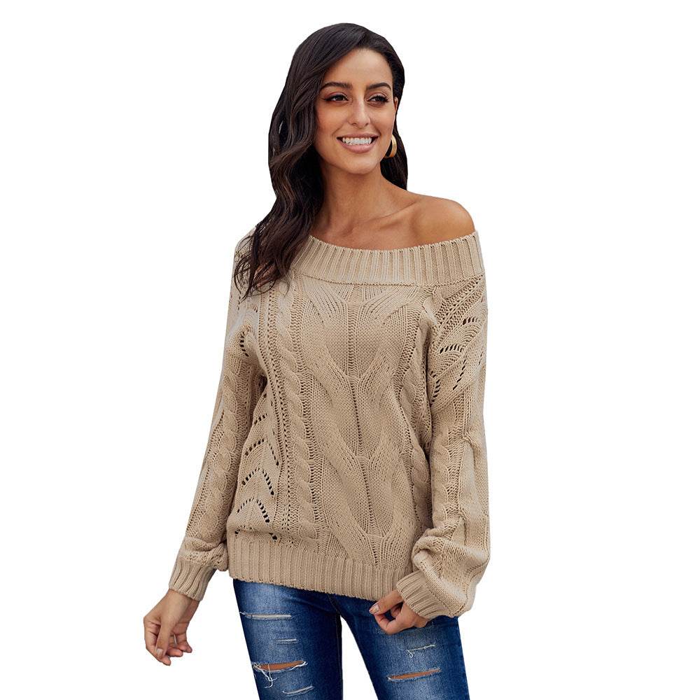 Thick Women's Diagonal Collar Long-sleeved Off-the-shoulder Loose Pullover Sweater Khaki MuddyStock
