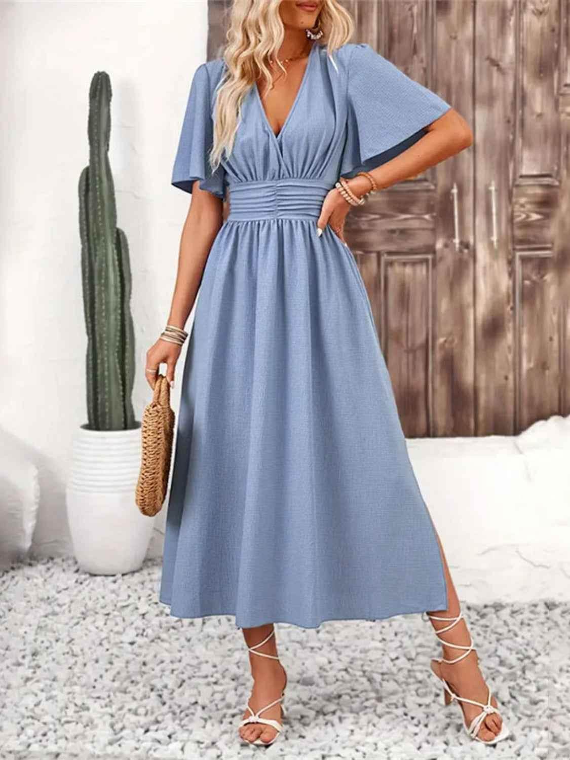 Side Slit Surplice Flutter Sleeve Midi Dress Trendsi