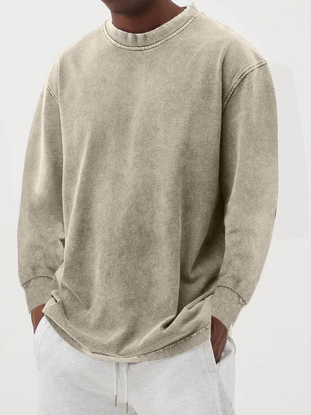 Washed Old Solid Color Men's Long-sleeved T-shirt Khaki MuddyStock