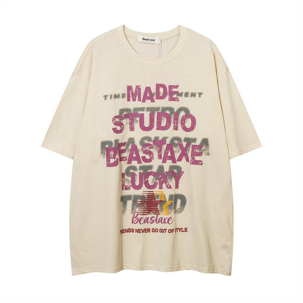 Letter Printed Loose T-shirt For Men And Women Apricot MuddyStock