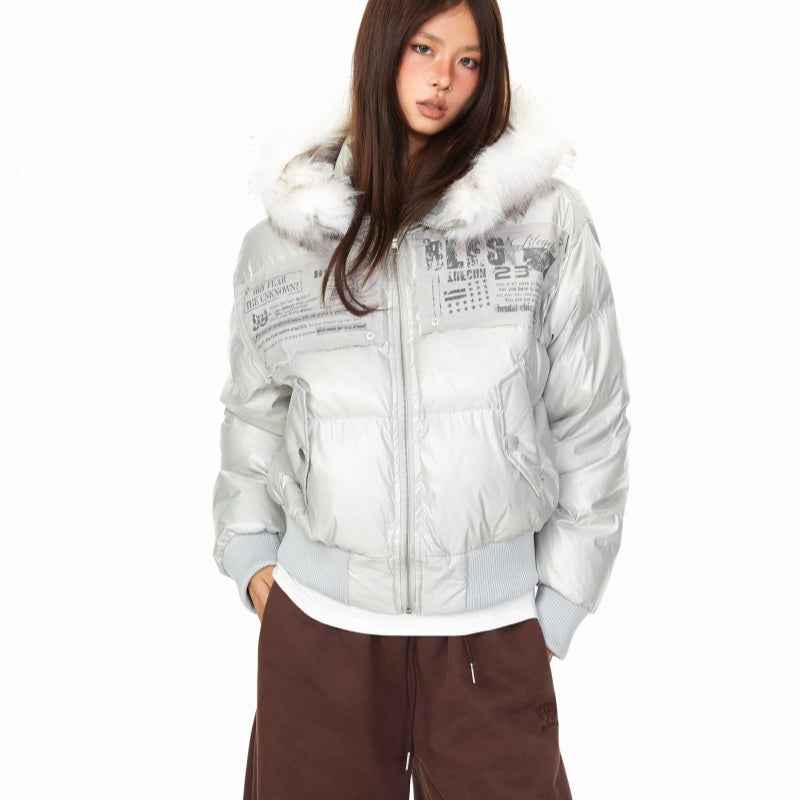 Personality Patch Fur Collar Hoodie For Women Silver Gray MuddyStock