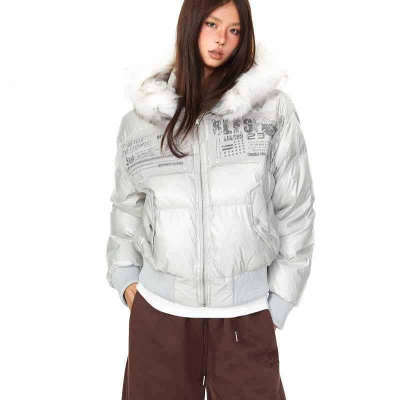 Personality Patch Fur Collar Hoodie For Women Silver Gray