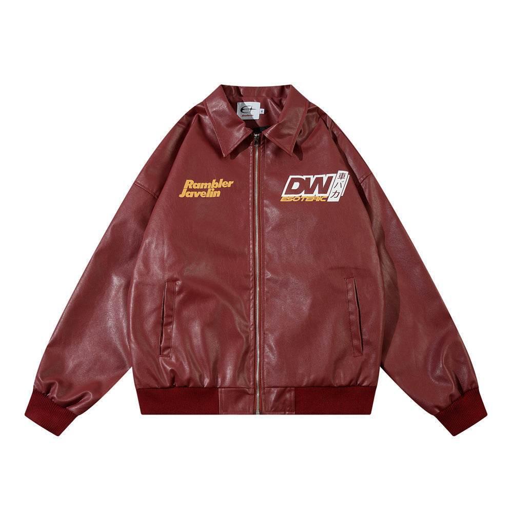 Retro Car Printing Loose Lapels Leather Coat For Both Men And Women Red