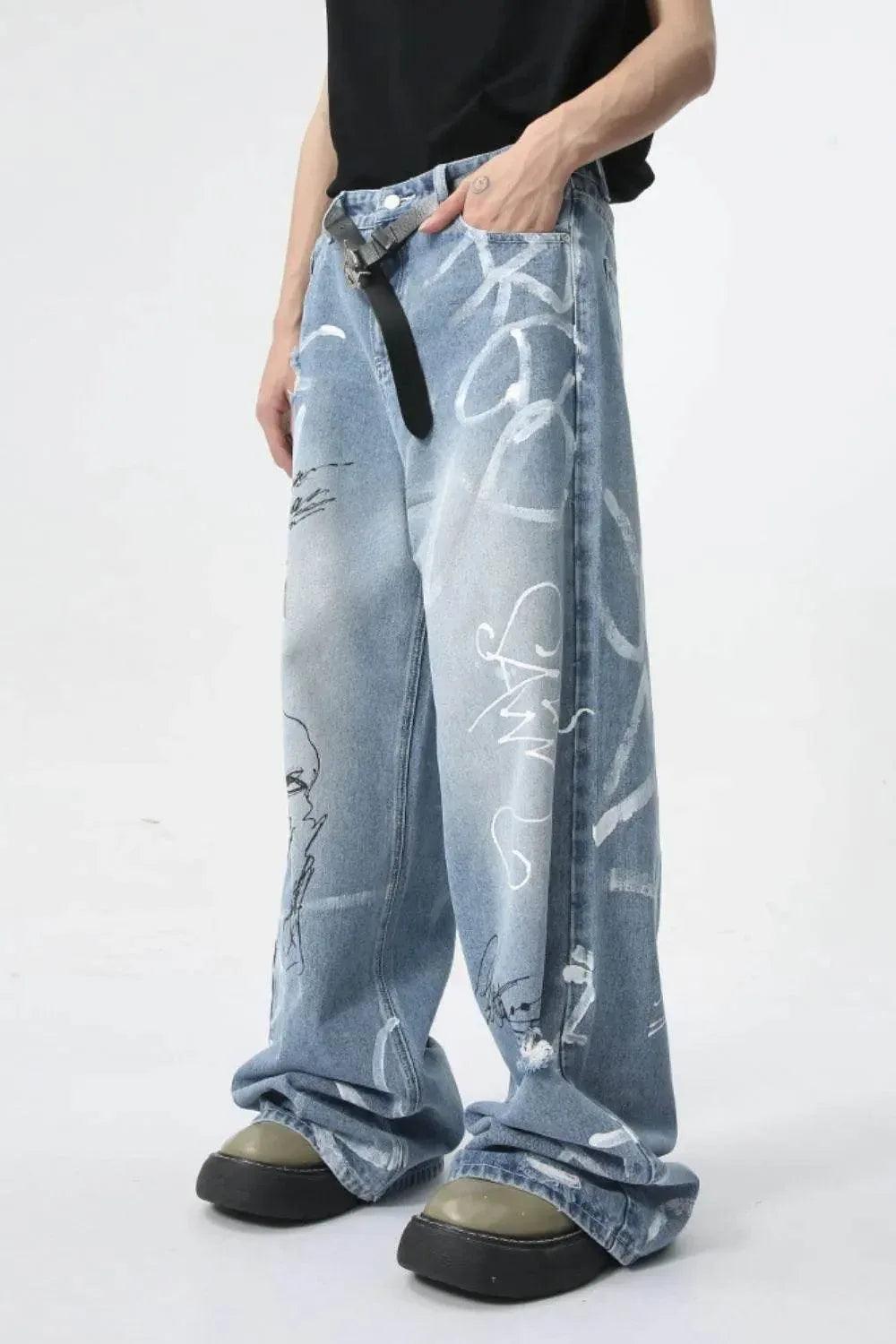 Mid Rise Graffiti Print Distressed Wide Leg Jeans For Both Men And Women | MuddyStock Originals