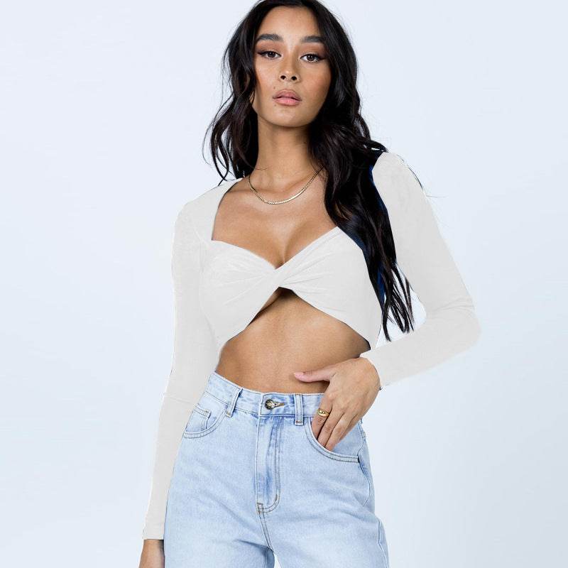 Fashion Solid Long Sleeve Top White MuddyStock