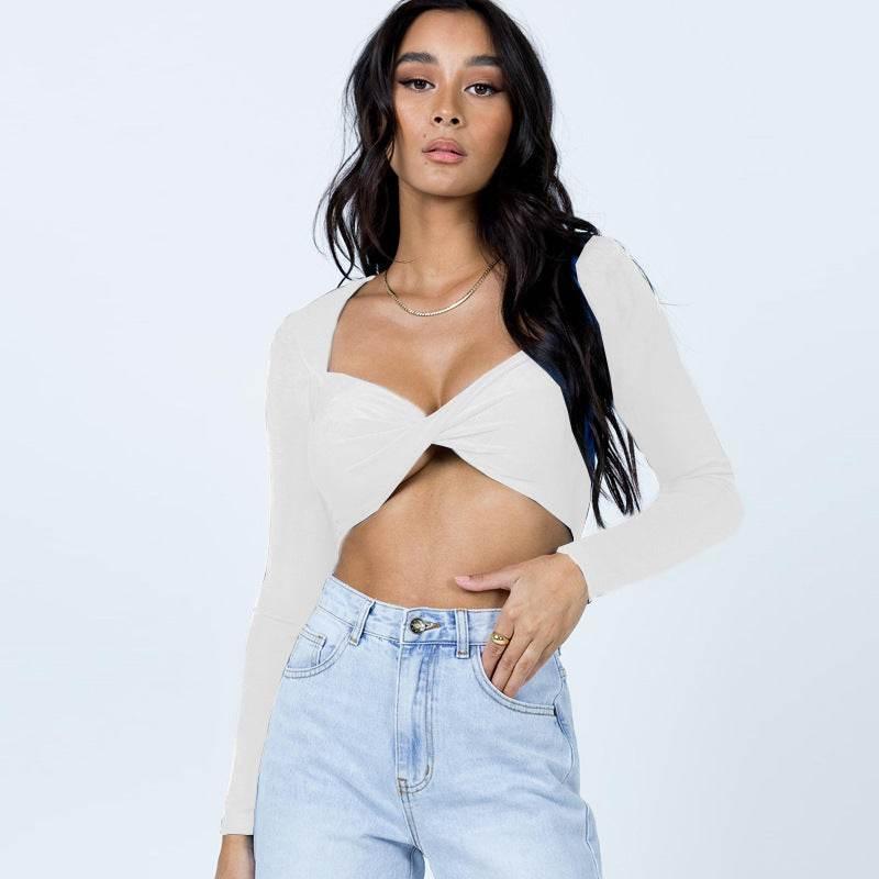 Fashion Solid Long Sleeve Top White