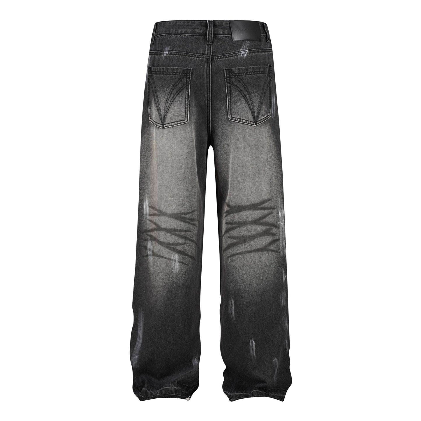 Retro Washed Distressed Graffiti Stitching Jeans Wide-leg Straight Trousers MuddyStock