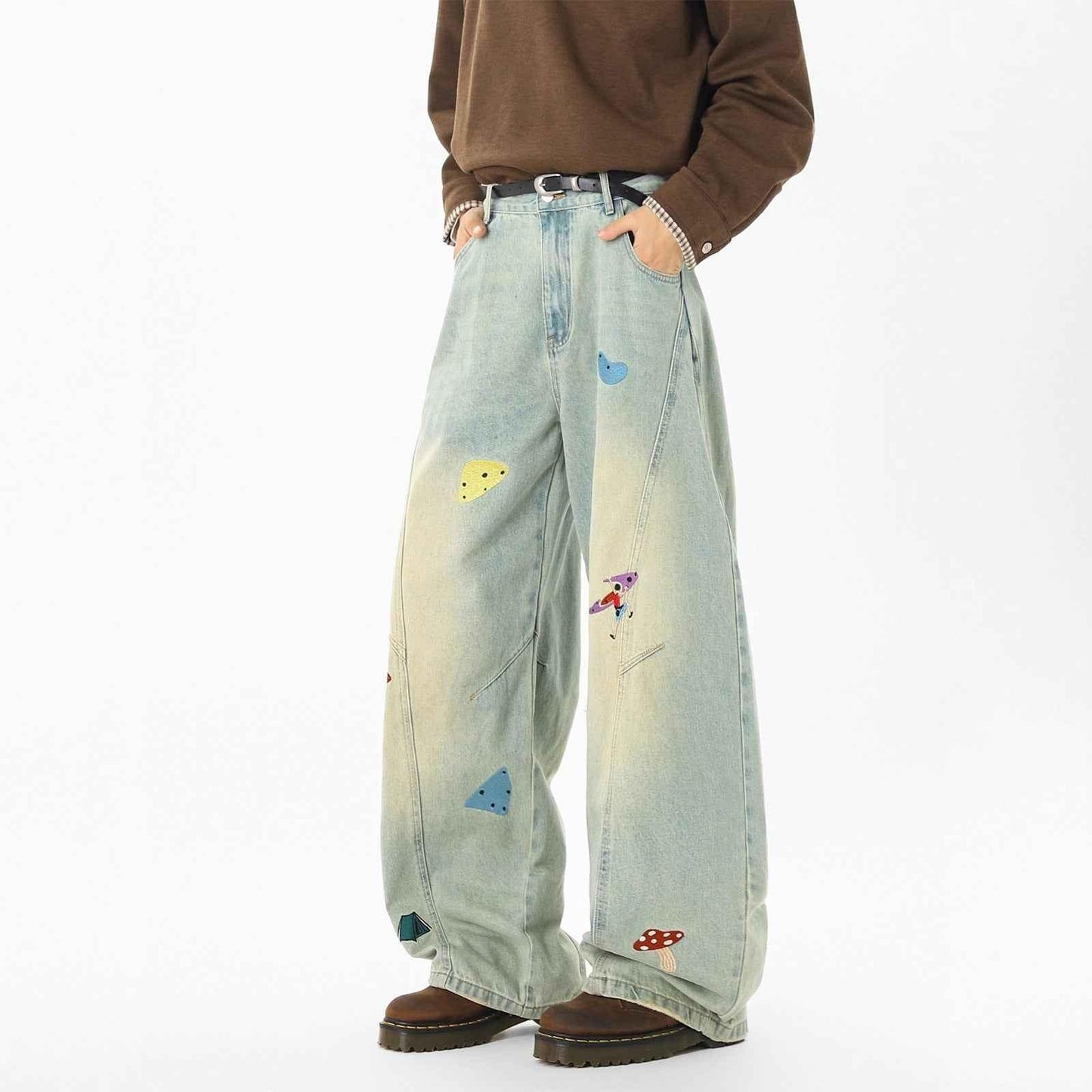 Streetwear Fun Patchwork Clean Fit Washed Straight Leg Jeans For Men | MuddyStock Originals Yellow mud color