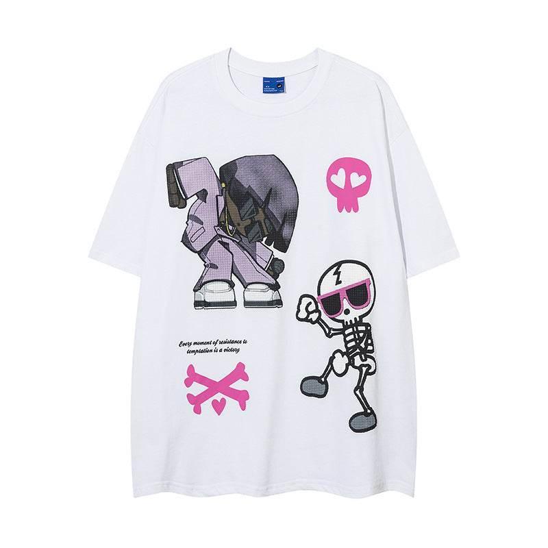 Skull Bone Cartoon Loose Top For Men And Women White