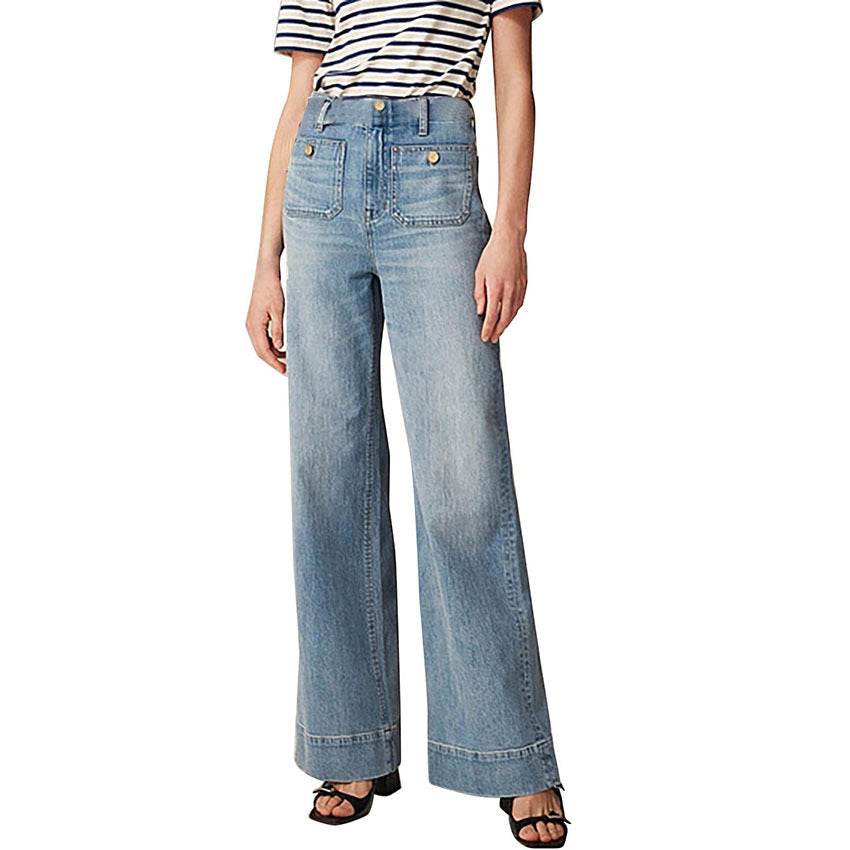 Women's Loose Leisure Washed-out Button Wide-leg Skinny Jeans Light Blue Lengthened MuddyStock