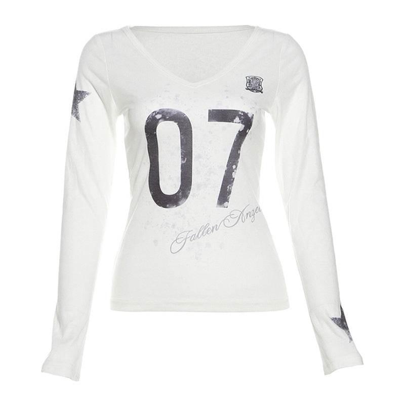 V-neck Printed Long-sleeved Top For Women | MuddyStock Originals White MuddyStock