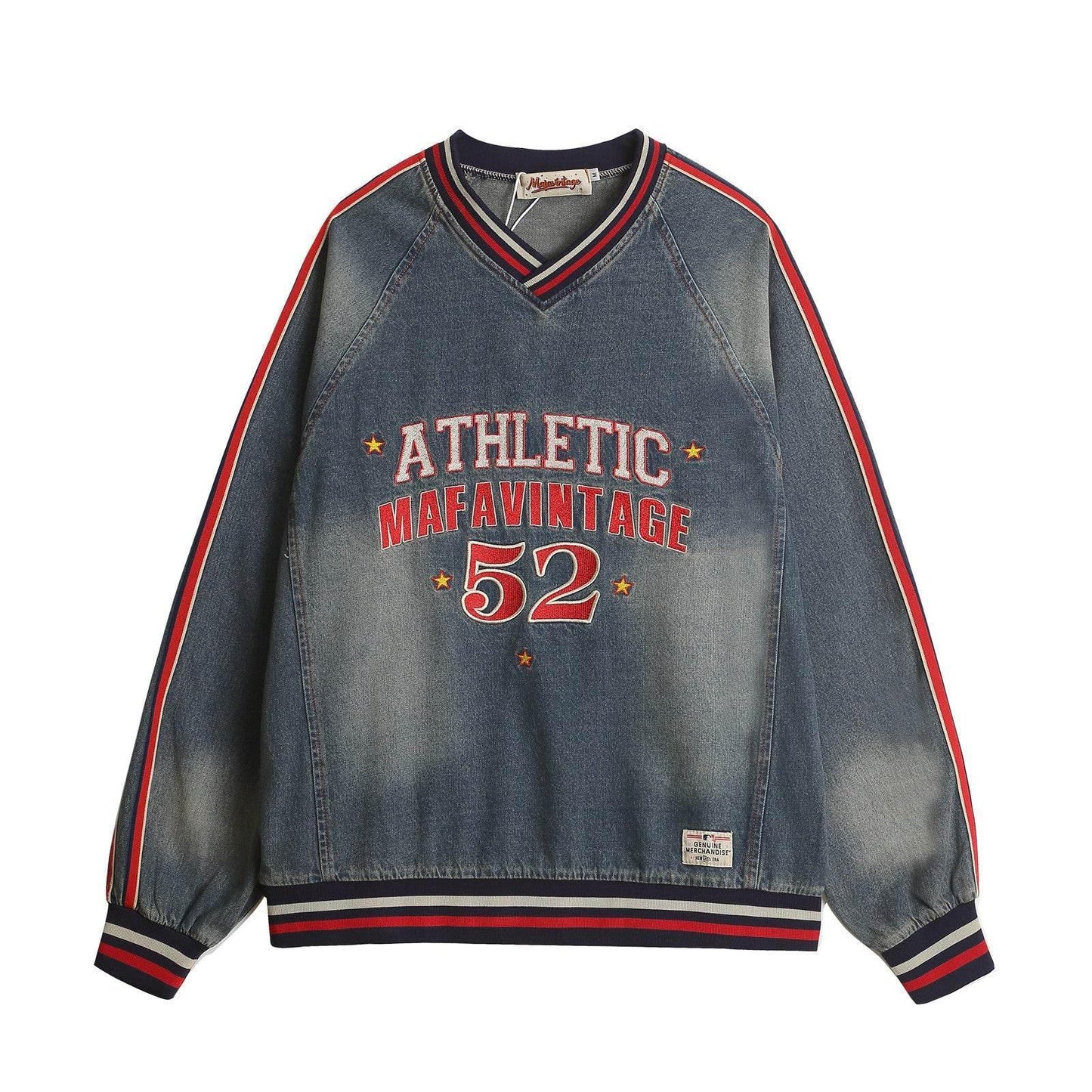 Letter Embroidered V-Neck Denim Sweatshirt For Men And Women | MuddyStock Originals Blue