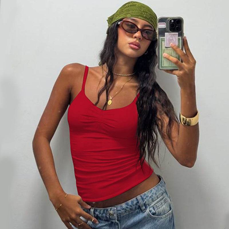 V-neck Basic Style Solid Color Slim Strap Backless Vest Red MuddyStock