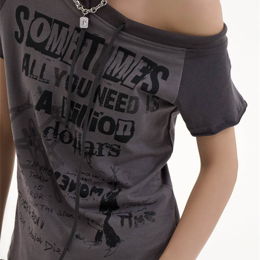 Female American Retro Spicy Girl Letter Slanted Shoulder Short Sleeved T Shirt MuddyStock