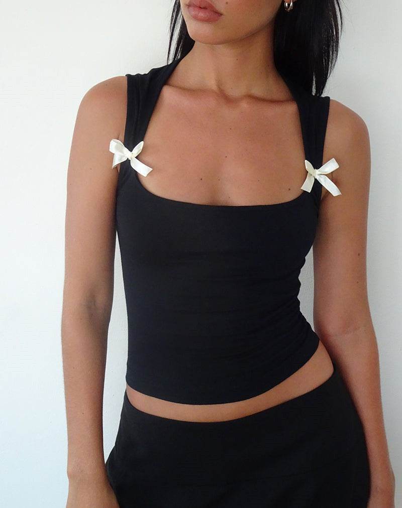 Simple Slim Tank Top with Bow Decoration For Women | MuddyStock Originals Black