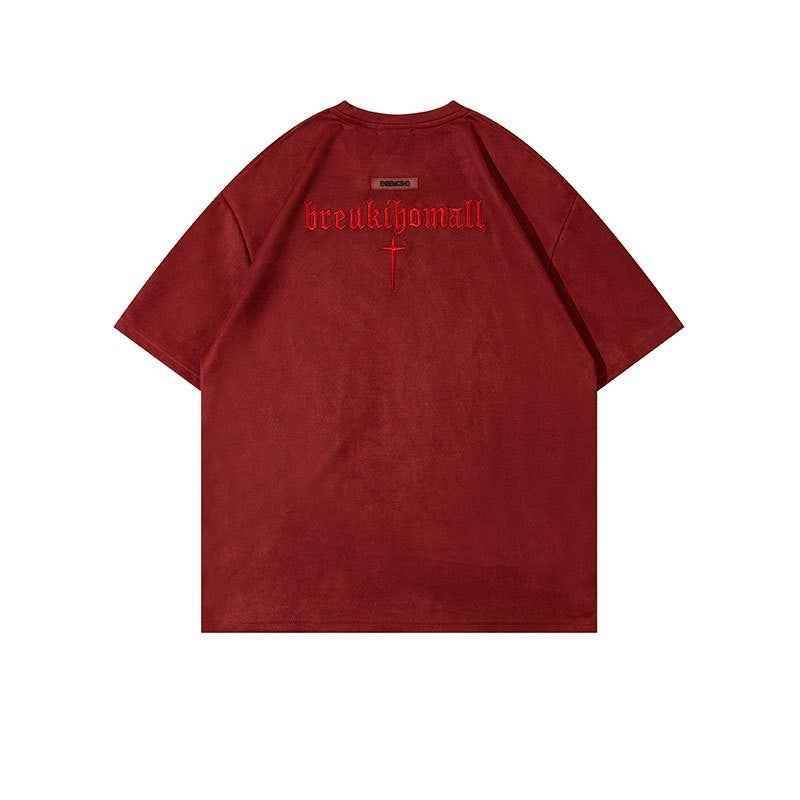 Retro Alphabet Embroidered T-shirt Men Red MuddyStock