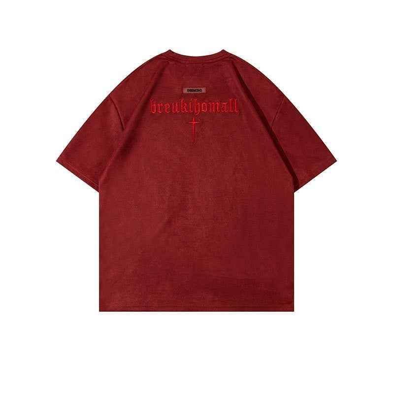 Retro Alphabet Embroidered T-shirt Men Red
