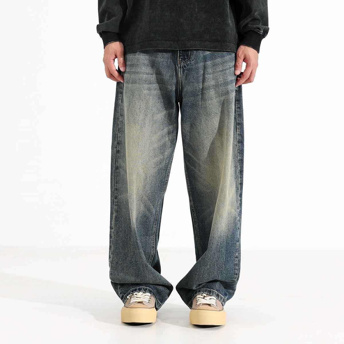 American Retro Hanging Loose Wide Leg Jeans For Men Retro Blue with Velvet MuddyStock