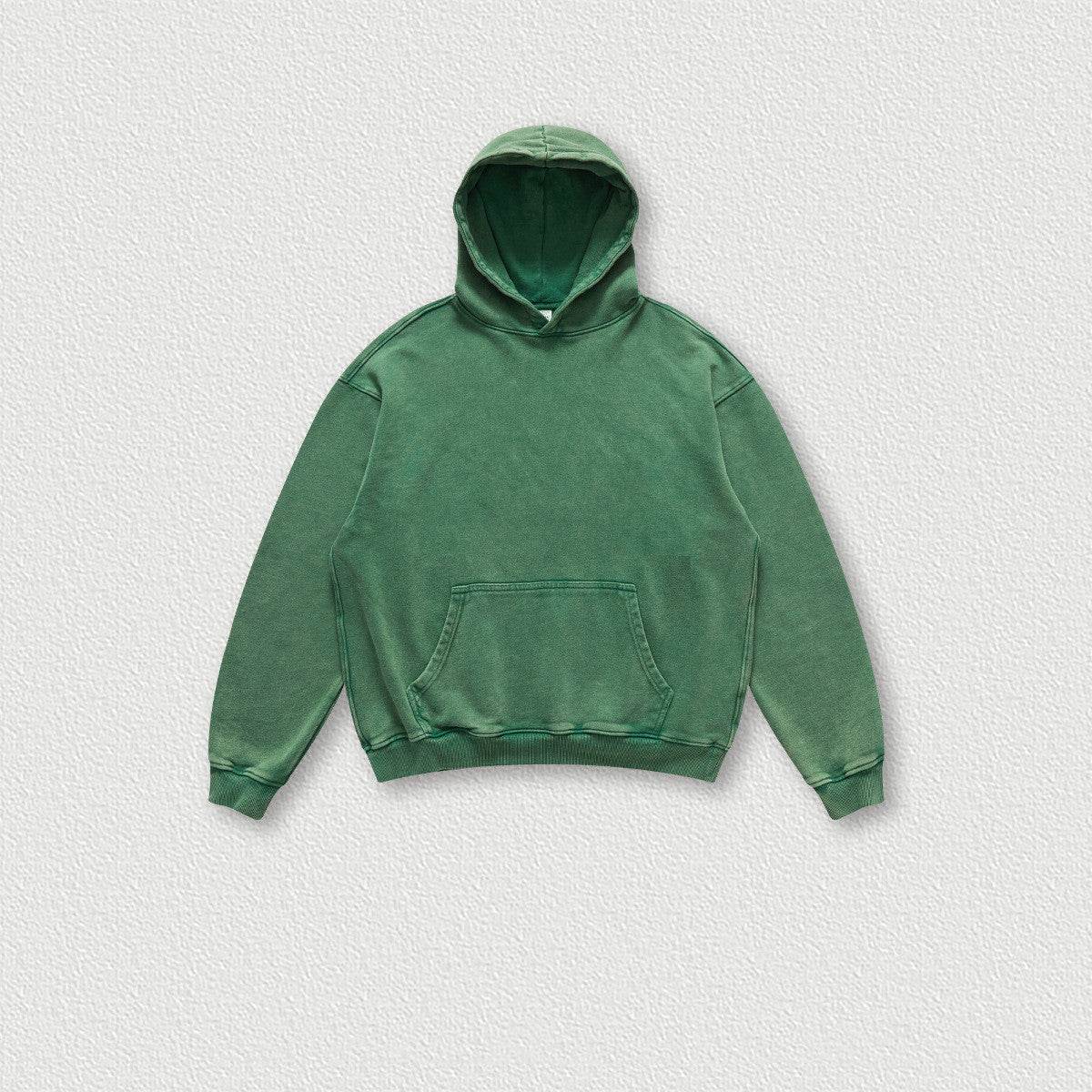 Men's Fashion Simple Washed Old Hooded Terry Sweater Dark Green MuddyStock