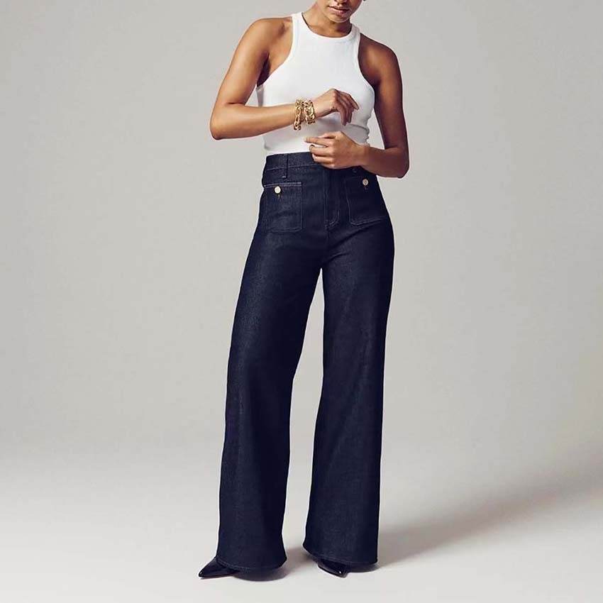 Women's Loose Leisure Washed-out Button Wide-leg Skinny Jeans Dark Blue Regular MuddyStock