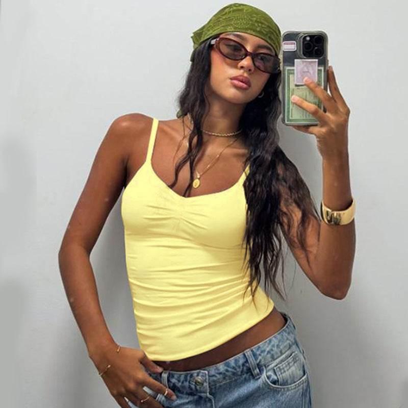 V-neck Basic Style Solid Color Slim Strap Backless Vest Yellow