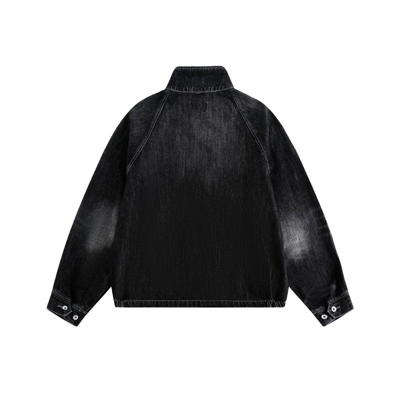 Streetwear Washed Faded Stand Collar Zipper Loose Denim Jacket For Men And Women | MuddyStock Originals MuddyStock