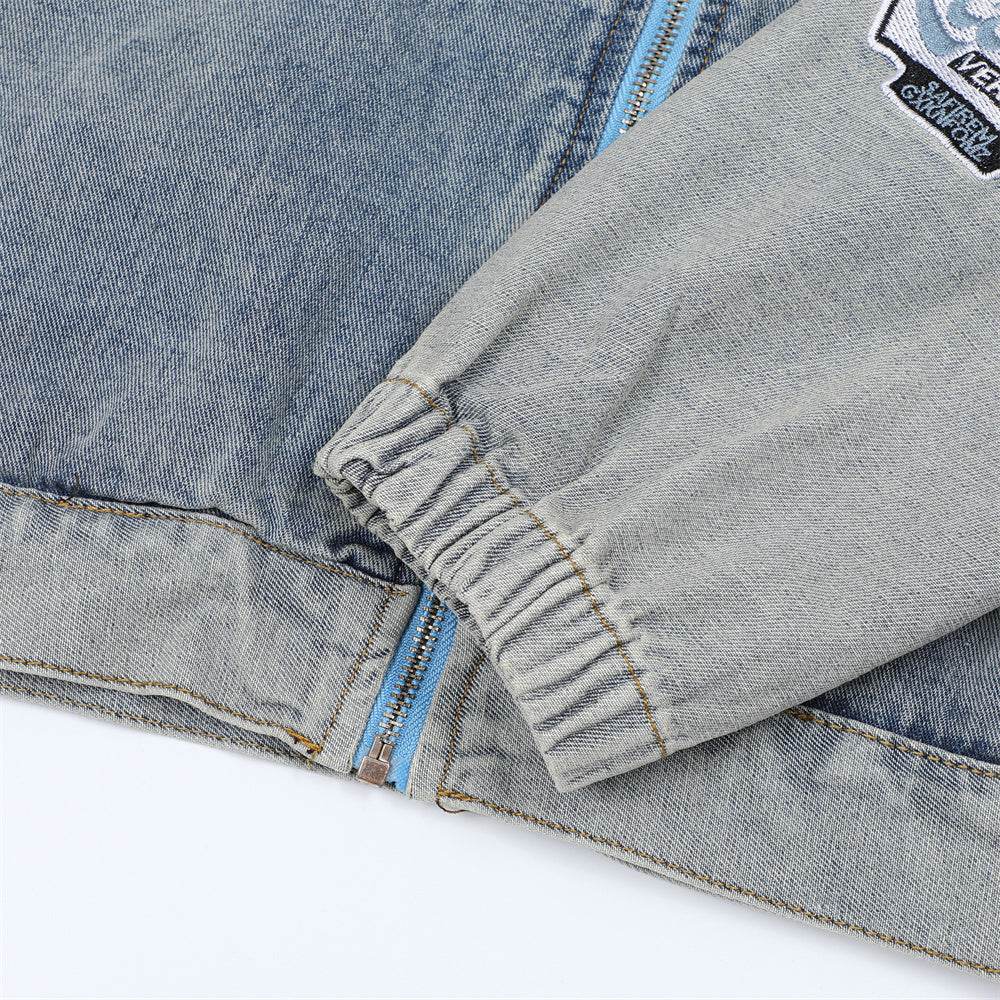 Men's Stitching Embroidered Letters Washed And Worn Zipper Denim Coat For Men And Women MuddyStock