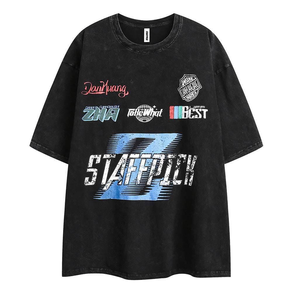American Letter Locomotive Style Short Sleeve Women Black MuddyStock