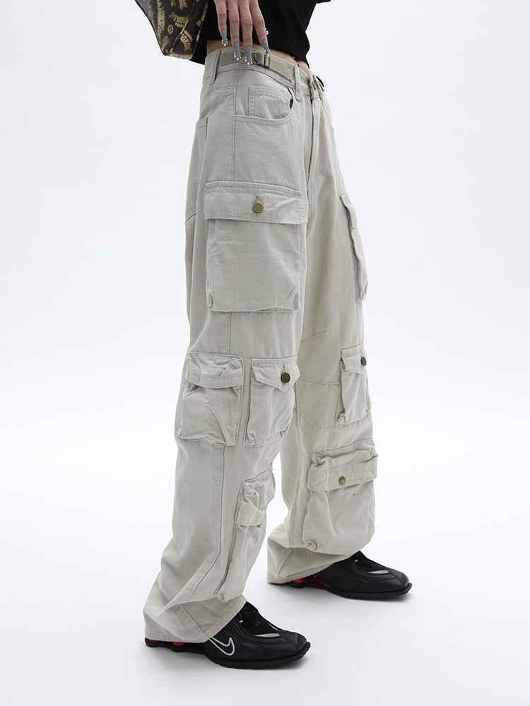 Women's Multi Pocket Vintage Wide Leg Loose Pants Sand color